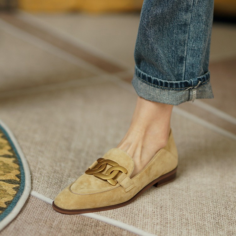 Casual Sandal Leather - 여성용 스웨이드 가죽 로퍼, 로우힐, 라운드