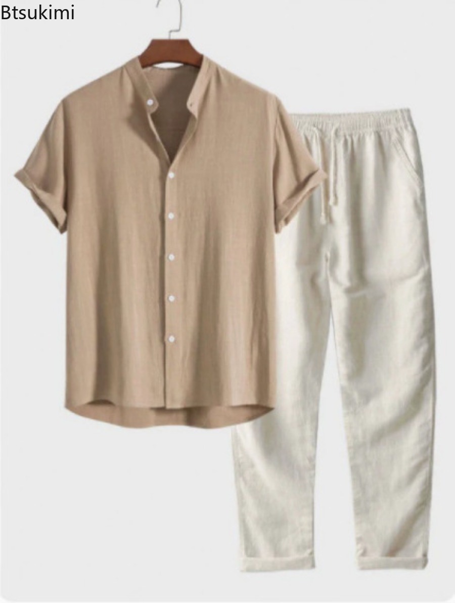 Linen Shirt Breathable - 2026 남성 패션 솔리드 비치 투피스