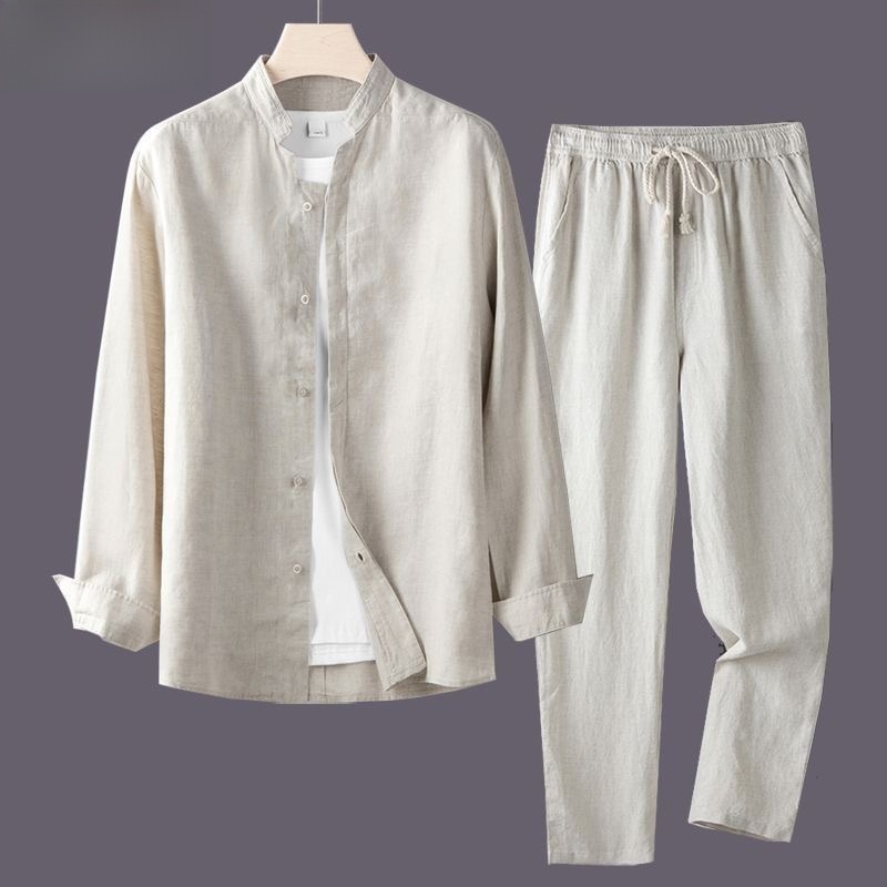 Linen Shirt Breathable - 흰색 긴팔 셔츠와 루즈핏 면마 남성
