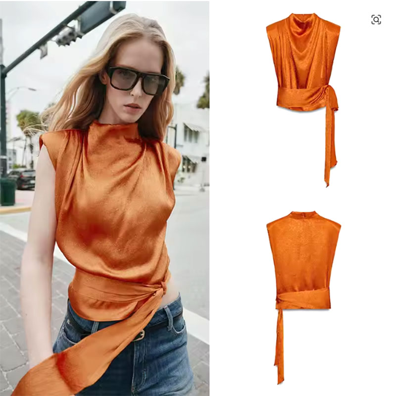 Shirt Camp Collar - 새틴 숄 칼라 민소매 크롭탑, 여성용
