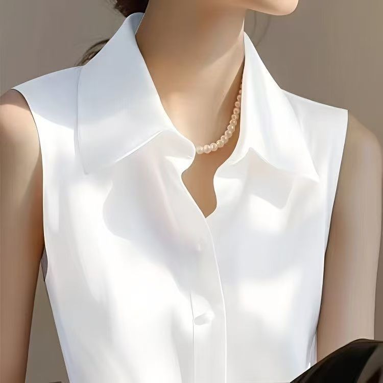 봄과 여름 여성을위한 프렌치 새틴 폴로 칼라 민소매 조 - Shirt Camp Collar 리뷰 및 가격