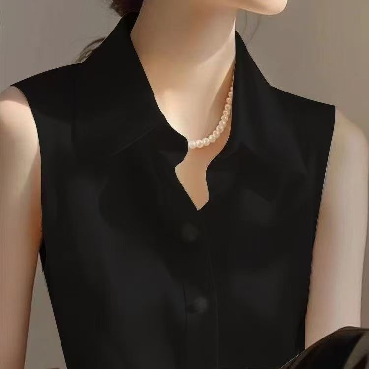 봄과 여름 여성을위한 프렌치 새틴 폴로 칼라 민소매 조 - Shirt Camp Collar 리뷰 및 가격
