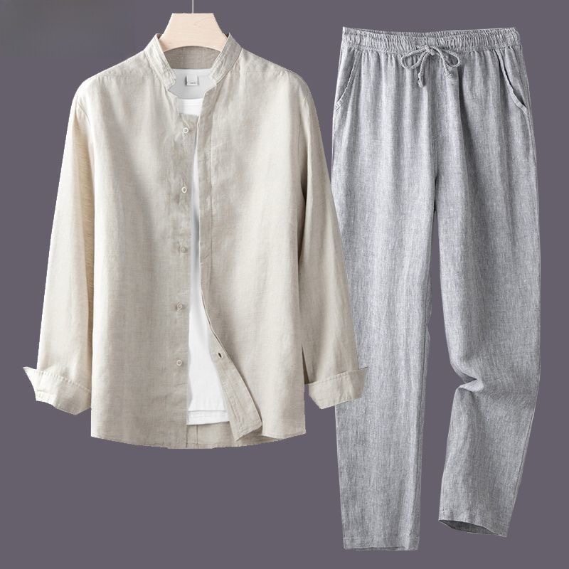 흰색 긴팔 셔츠와 루즈핏 면마 남성 스트레이트 레그 팬 - Linen Shirt Breathable 리뷰 및 가격