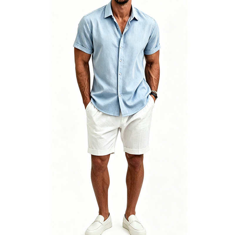 남성 코튼 린넨 셔츠 세트 여름 반팔 셔츠 반바지 슈트 - Linen Shirt Breathable 리뷰 및 가격