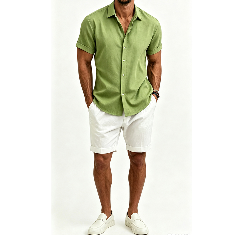 남성 코튼 린넨 셔츠 세트 여름 반팔 셔츠 반바지 슈트 - Linen Shirt Breathable 리뷰 및 가격